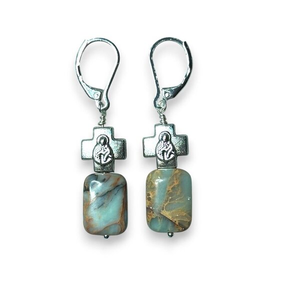 Silver Mother and Child Earrings Blue Opal Jasper Silver Filled Leverbacks - Picture 2 of 11